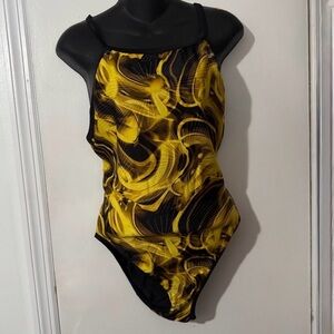 Speedo reversible yellow and Black Swirl One-Piece Swimsuit.